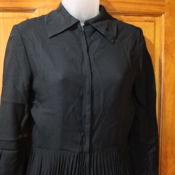 Vintage Black Pleated Mini Shirtdress Zipper Front 60s 70s Chic Academic - Picture 3 of 13